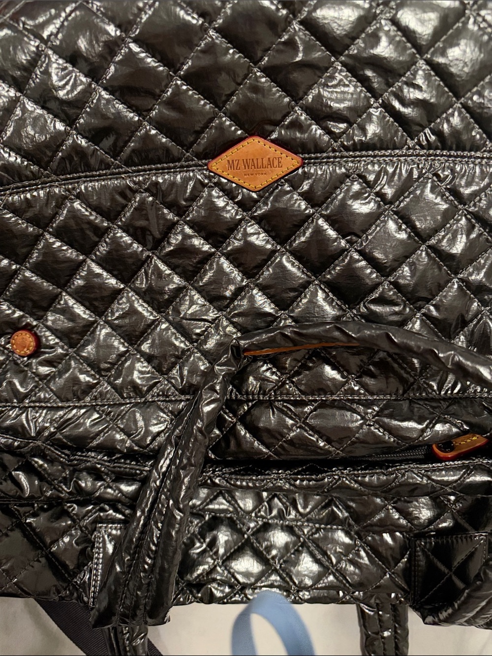 MZ Wallace Quilted Shiny Black Travel Tote with Tan Leather Logo
